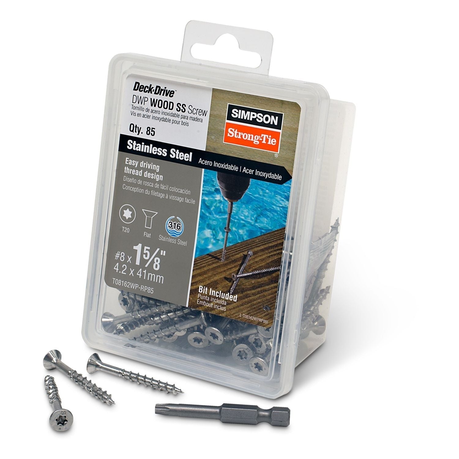 Simpson Strong-Tie T08162WP-RP85 Deck-Drive DWP WOOD SS Screw, #8 x 1-5/8-in. T20, Flat Head, Type 316, 85-Pack