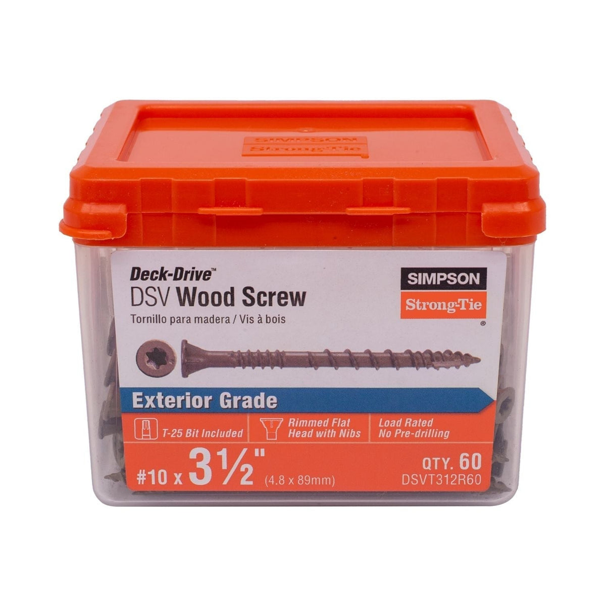 Simpson Strong-Tie DSVT312R60 Deck-Drive DSV WOOD Screw, #10 x 3-1/2-in. T25, Flat Head, Quik Guard, Tan, 60-Pack