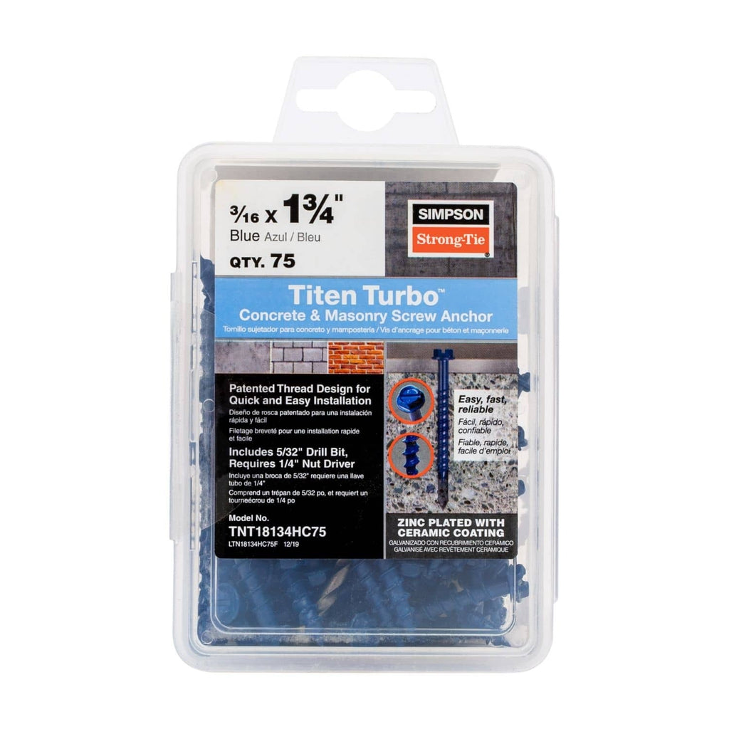 Simpson Strong-Tie TNT18134HC75 Titen Turbo, 3/16-in. x 1-3/4-in. Hex-Head Concrete and Masonry Screw, Blue, 75-Pack
