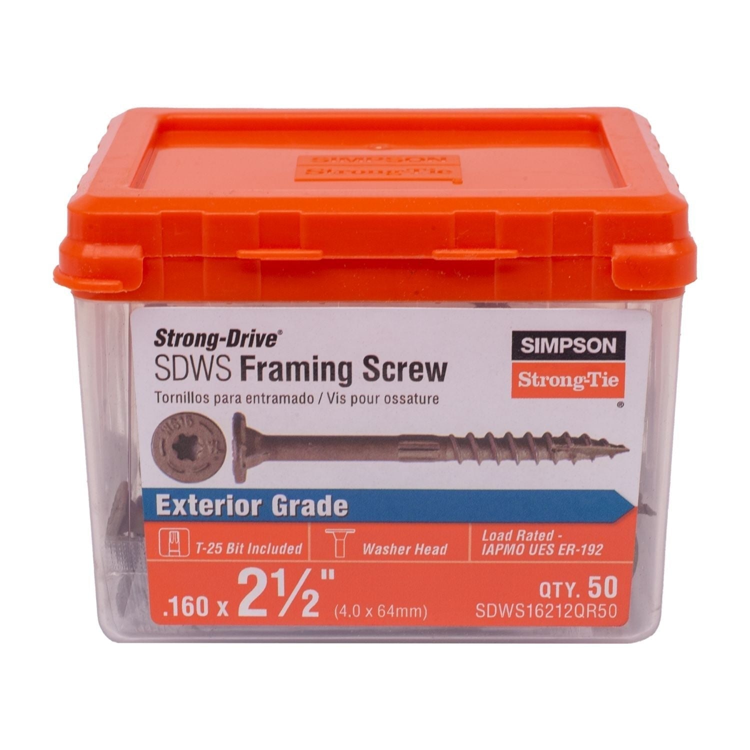 Simpson Strong-Tie SDWS16212QR50 Strong-Drive SDWS FRAMING Screw, 0.160-in. x 2-1/2-in. T25, Quik Guard, Tan, 50-Pack
