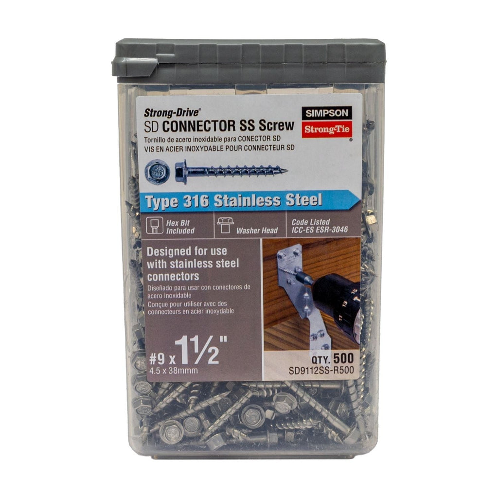 Simpson Strong-Tie Strong-Drive SD Connector SS Screw, #9 x 1-1/2-in. 1/4-Hex Drive, Type 316, 500-Pack (SD9112SS-R500)