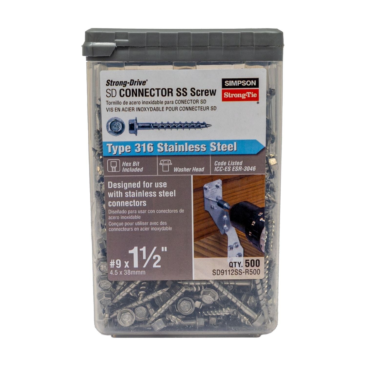 Simpson Strong-Tie Strong-Drive SD Connector SS Screw, #9 x 1-1/2-in. 1/4-Hex Drive, Type 316, 500-Pack (SD9112SS-R500)