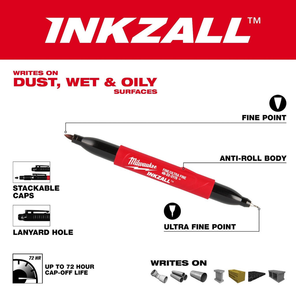 Milwaukee 48-22-3115 INKZALL Double-Sided Ultra Fine & Fine Point Black Jobsite Marker