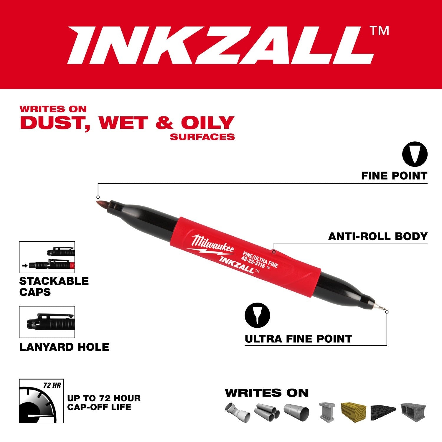 Milwaukee 48-22-3115 INKZALL Double-Sided Ultra Fine & Fine Point Black Jobsite Marker