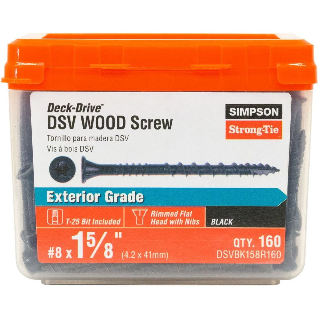 Simpson Strong-Tie DSVBK158R160 Deck-Drive DSV WOOD Screw, #8 x 1-5/8-in. T25, Flat Head, Quik Guard, Black, 160-Pack