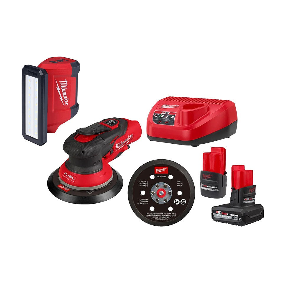 Milwaukee 2584-22CX M12 FUEL 6" Random Orbital Sander (3/32") with ROVER 700-Lumen Flood Light 2.5Ah / 5.0Ah Combo Kit