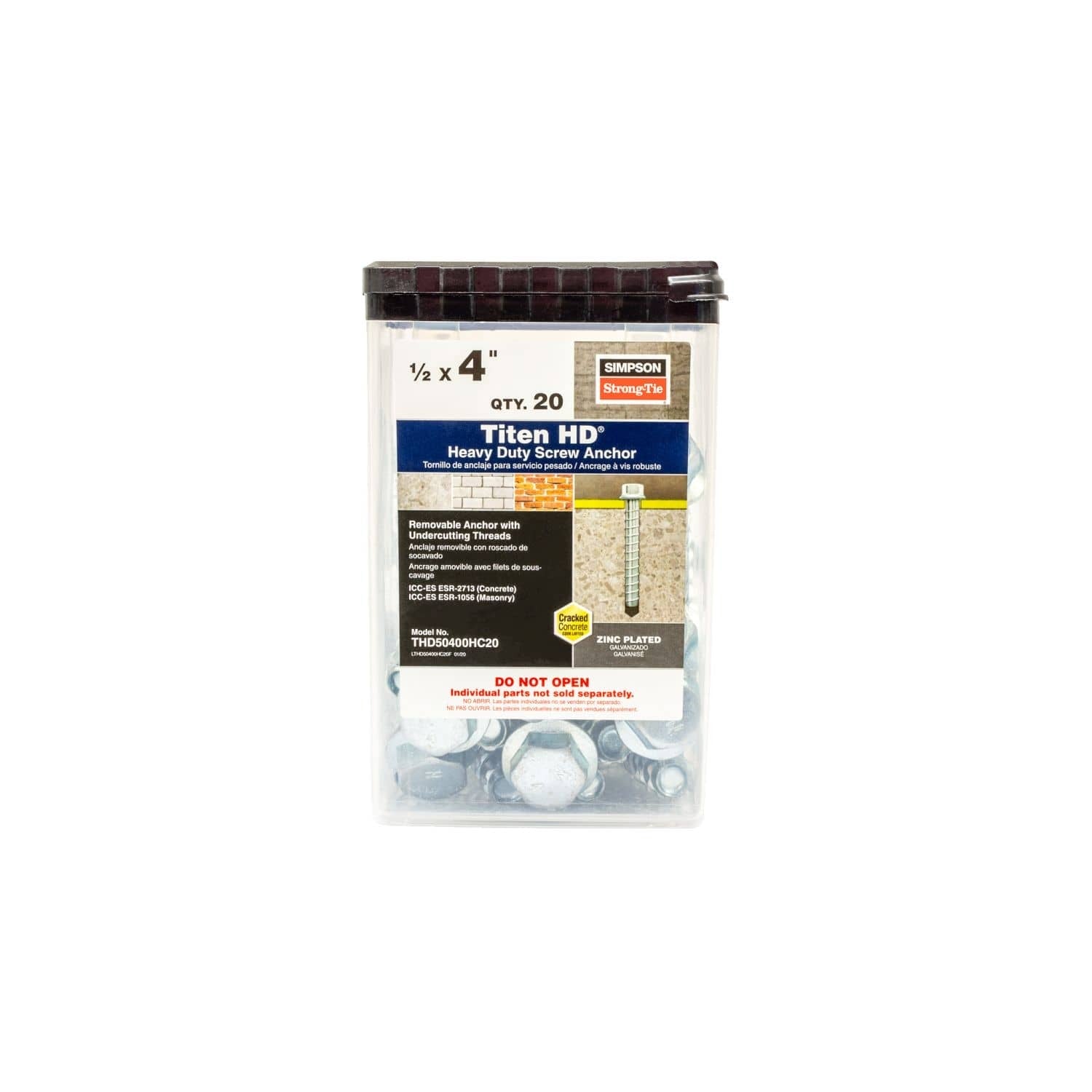 Simpson Strong-Tie THD50400HC20 Titen HD 1/2-in. x 4-in. Heavy-Duty Screw Anchor, 20-Pack