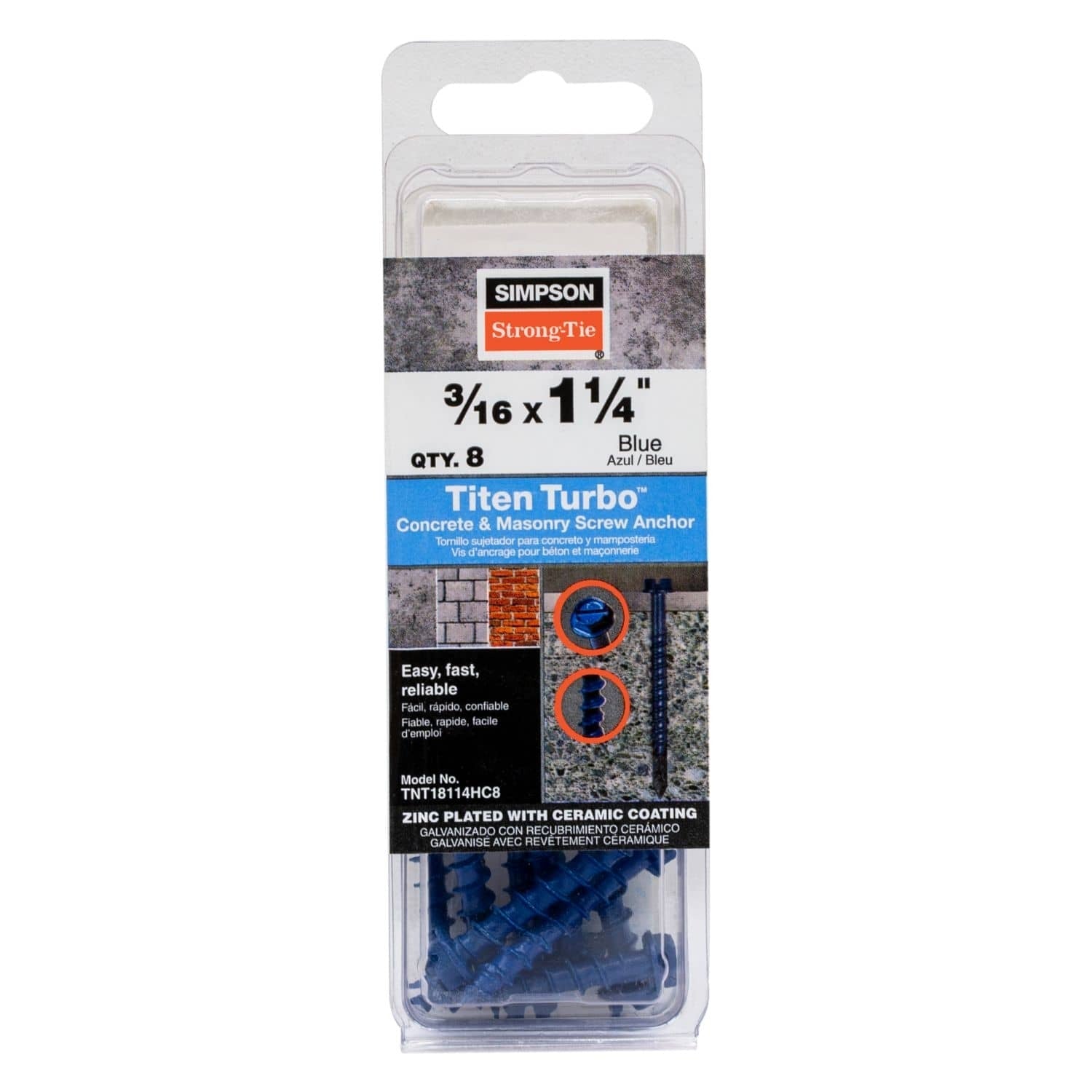 Simpson Strong-Tie TNT18114H Titen Turbo, 3/16-in. x 1-1/4-in. Hex-Head Concrete and Masonry Screw, Blue, 100-Pack