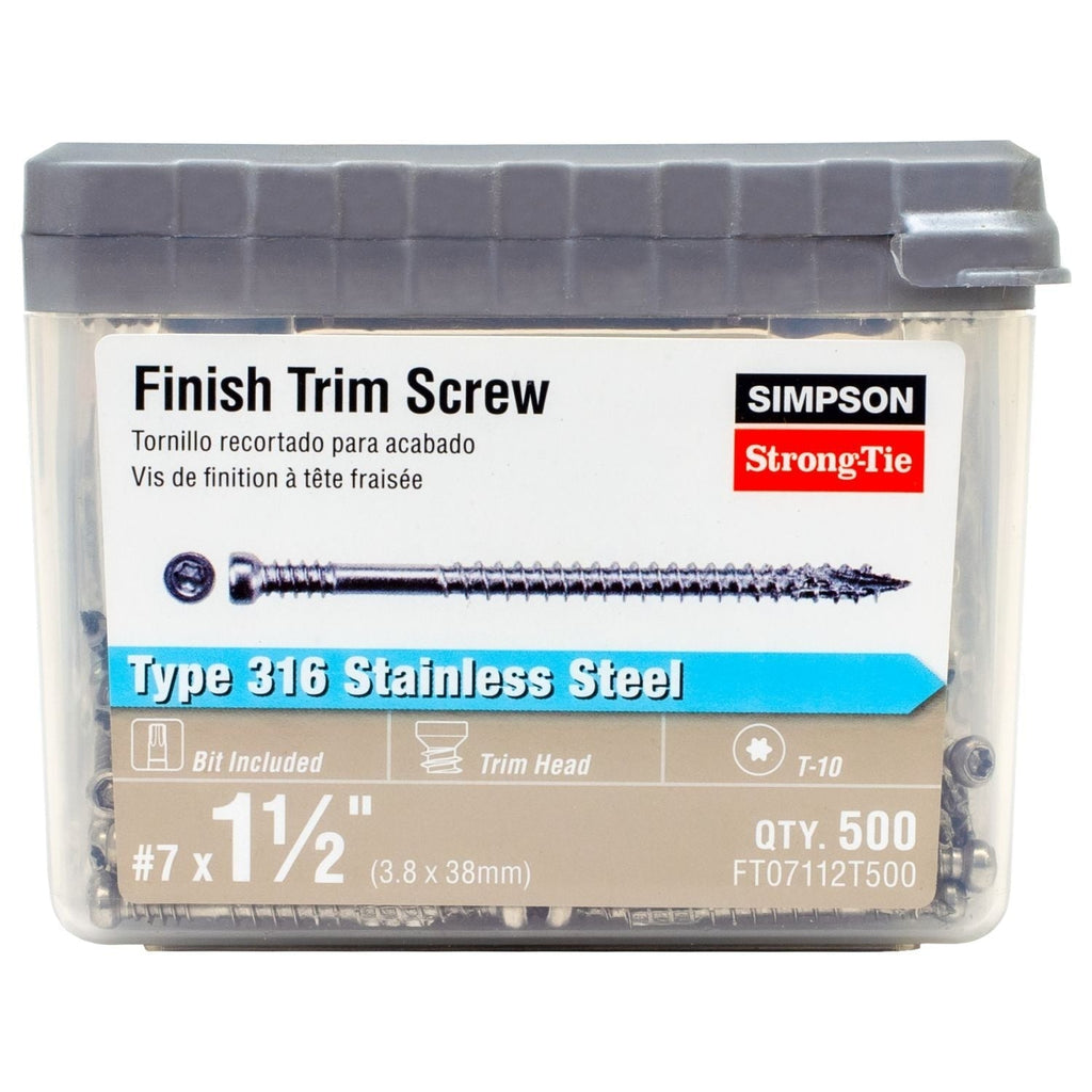 Simpson Strong-Tie FT07112T500 Finish Trim Screw, #7 x 1-1/2-in. T10, Trim-Head, Type 316, 500-Pack