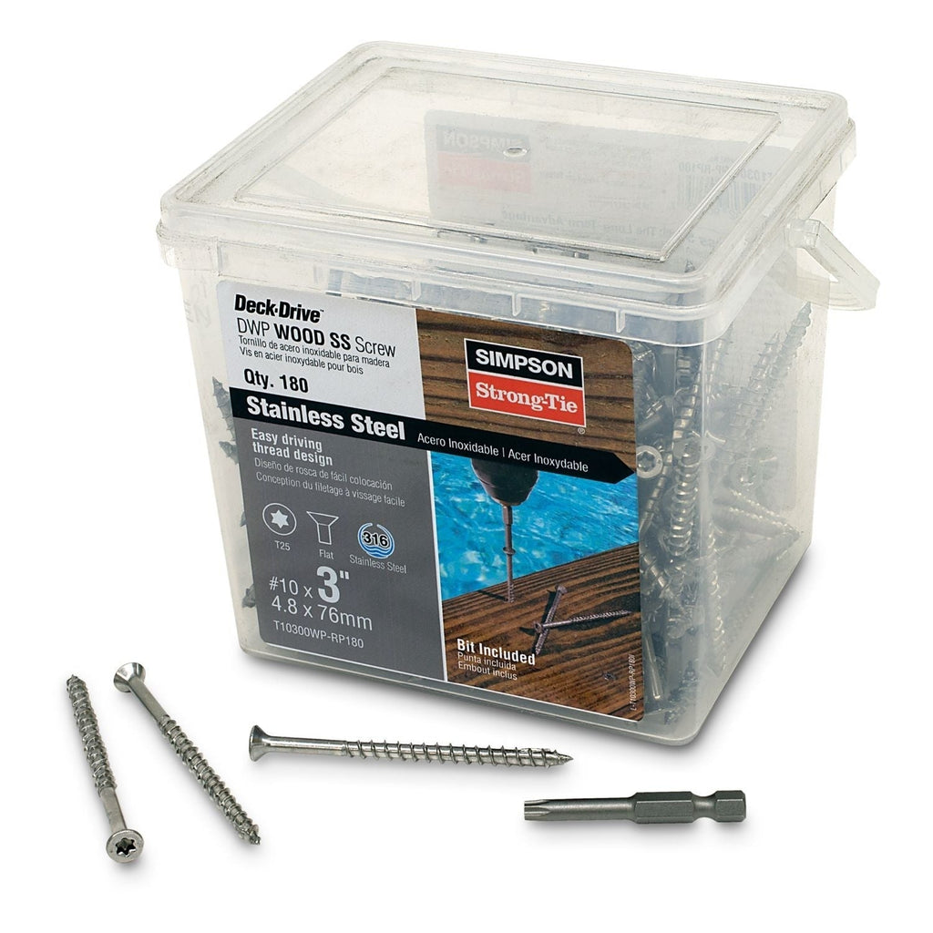 Simpson Strong-Tie T10300WP-RP180 Deck-Drive DWP WOOD SS Screw, #10 x 3-in. T25, Flat Head, Type 316, 180-Pack
