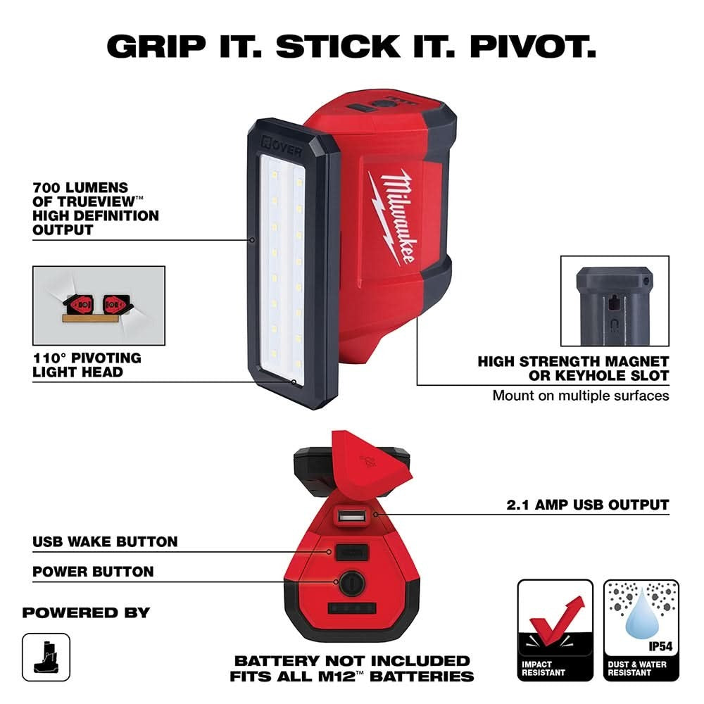 Milwaukee 2367-20 M12 ROVER 700-Lumen Flood Light with USB Charging (PROMO) w/ (1) M12 REDLITHIUM HIGH OUTPUT XC5.0 Battery Pack