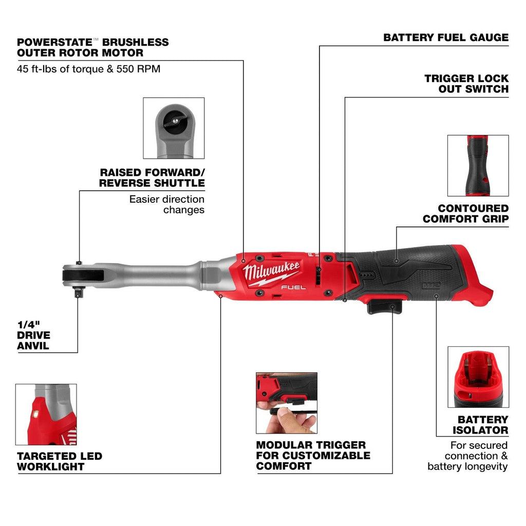Milwaukee M12 FUEL 1/4-in. Extended Reach Ratchet (3058-20)