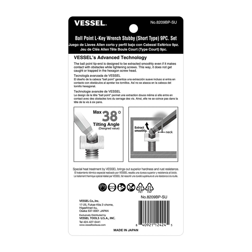 Vessel 8209BPSU Ball Point Hex L-Key Wrench, Stubby Short Type, 9-Piece Set