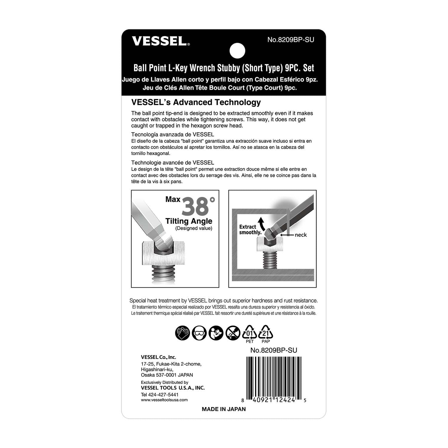 Vessel 8209BPSU Ball Point Hex L-Key Wrench, Stubby Short Type, 9-Piece Set