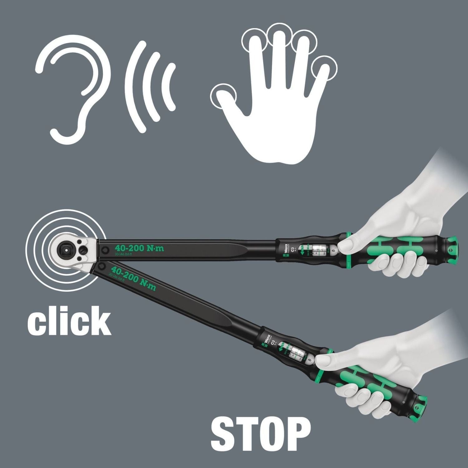 Wera Click-Torque C 3 Push R/L Adjustable Torque Wrench For Clockwise And Anti-Clockwise Torque-Control, 40-200 Nm, 1/2-in.x40-200 Nm