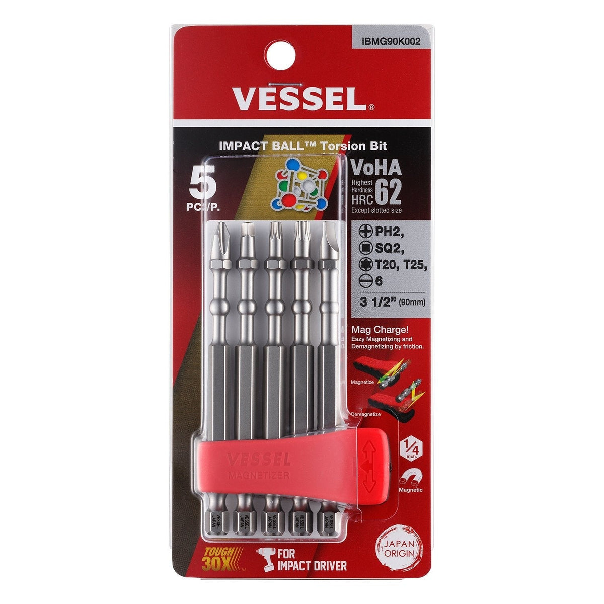 Vessel IBMG90K002 IMPACT BALL Torsion Bit with Mag Charge Holder