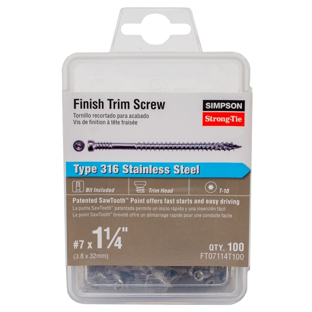 Simpson Strong-Tie FT07114T100 Finish Trim Screw, #7 x 1-1/4-in. T10, Trim-Head, Type 316, 100-Pack