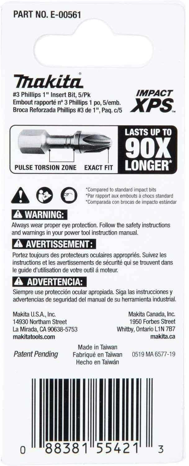 Makita E-00561 Impact XPS #3 Phillips 1" Insert Bit, 5/pk