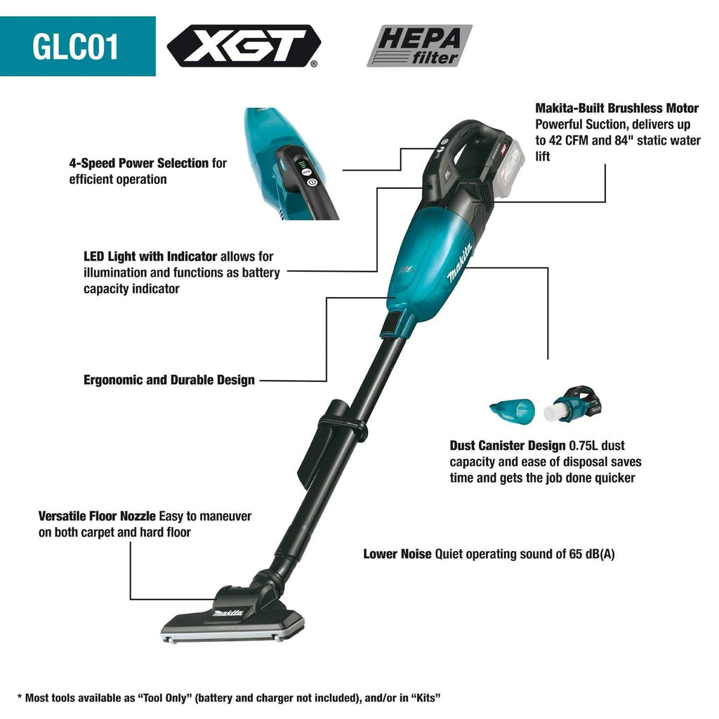 Makita GLC01SD1 40V max XGT Brushless 4-Speed HEPA Filter Compact Stick Vacuum 2.5Ah Kit