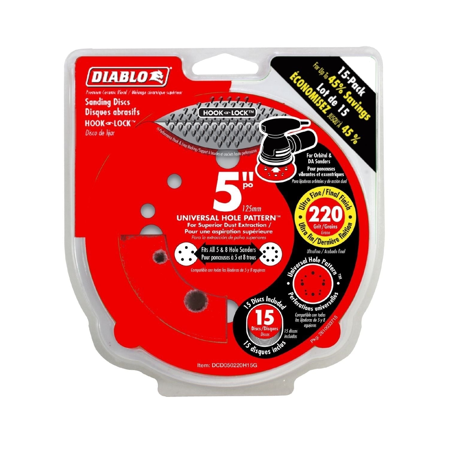 Diablo DCD050220H15G 5" Sandpaper Hook & Loop, 220 Grit, 15-Pack