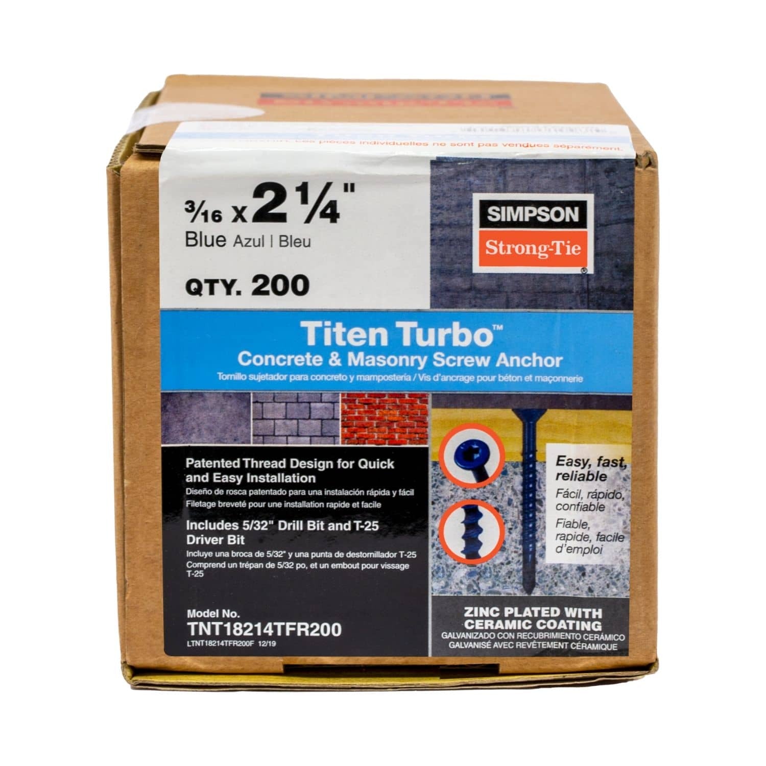 Simpson Strong-Tie TNT18214TF Titen Turbo, 3/16-in. x 2-1/4-in. 6-Lobe Flat-Head Concrete and Masonry Screw, Blue, 100-Pack