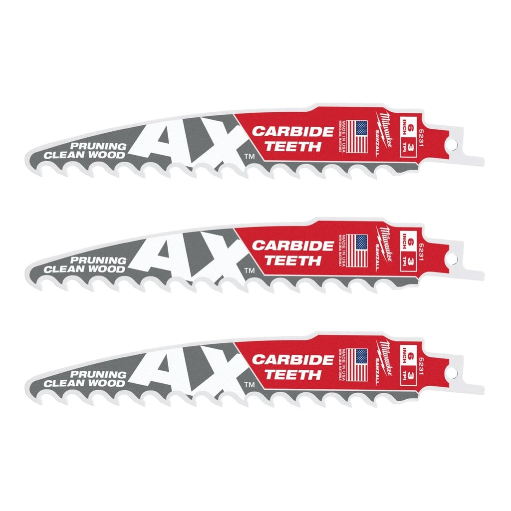 Milwaukee 48-00-5331 6-Inch 3-TPI The AX with Carbide Teeth for Pruning & Clean Wood SAWZALL Reciprocating Saw Blade, 3-Pack