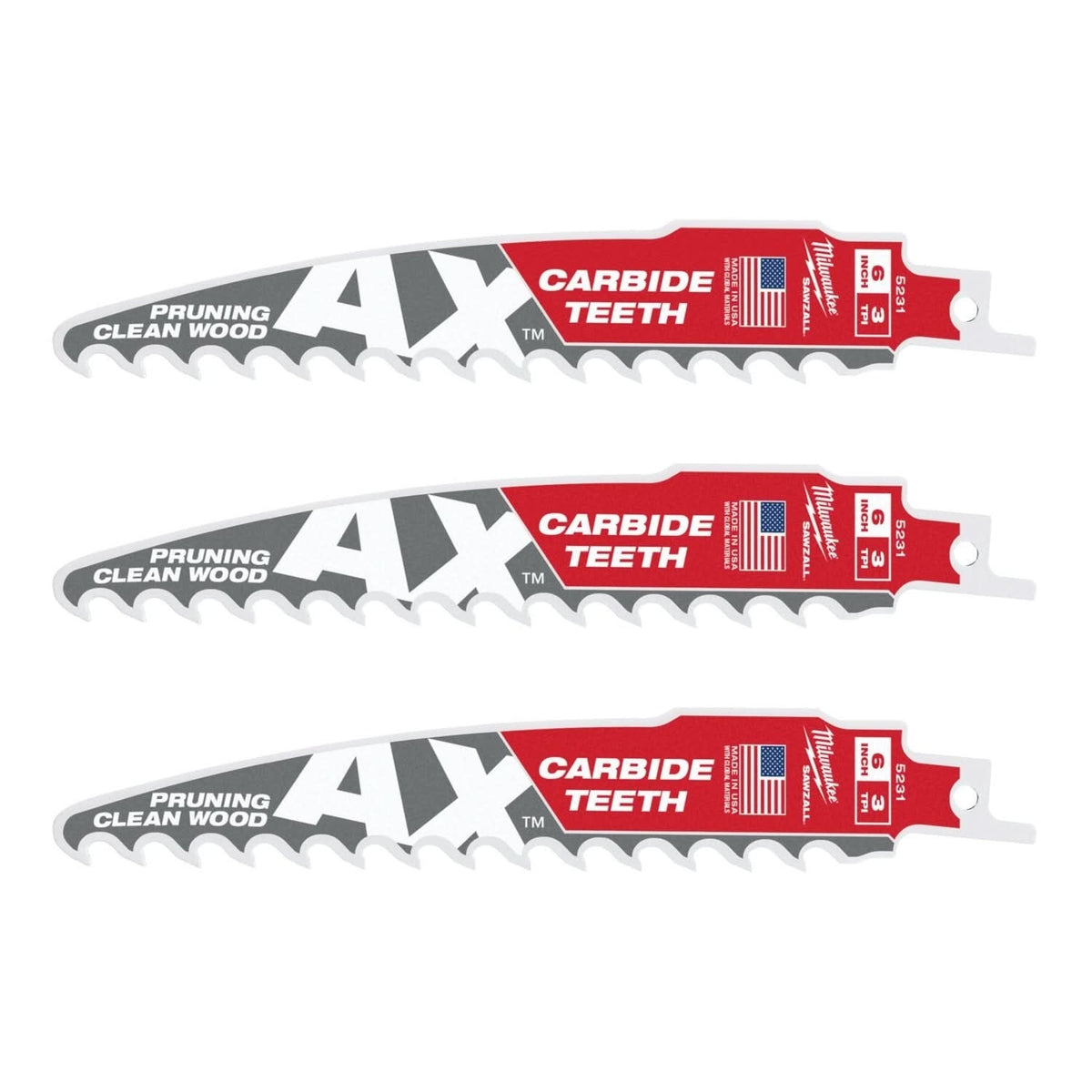 Milwaukee 48-00-5331 6-Inch 3-TPI The AX with Carbide Teeth for Pruning & Clean Wood SAWZALL Reciprocating Saw Blade, 3-Pack