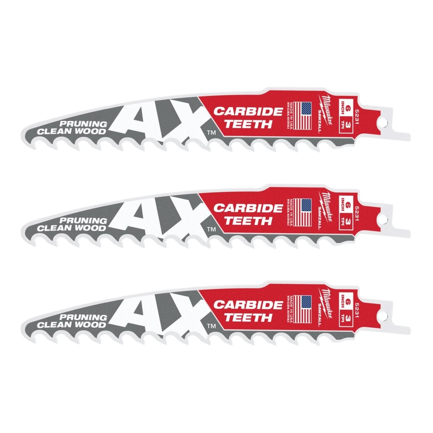 Milwaukee 48-00-5331 6-Inch 3-TPI The AX with Carbide Teeth for Pruning & Clean Wood SAWZALL Reciprocating Saw Blade, 3-Pack