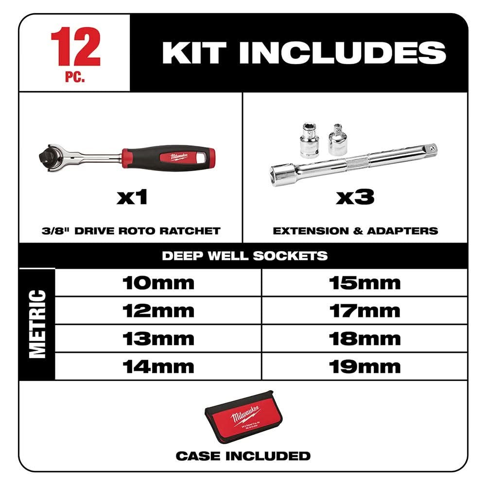 Milwaukee 48-22-9001 12-Piece 3/8" Drive Metric Socket Set