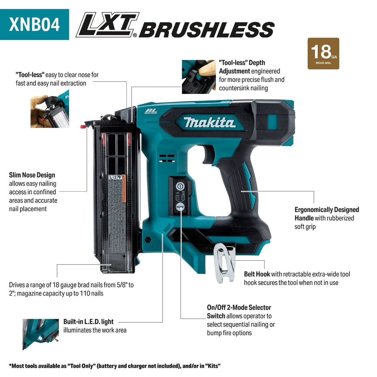 Makita XNB04Z 18V LXT Brushless Cordless 2-in. 18-Gauge Brad Nailer w/ (2) 4.0Ah Battery Starter Kit