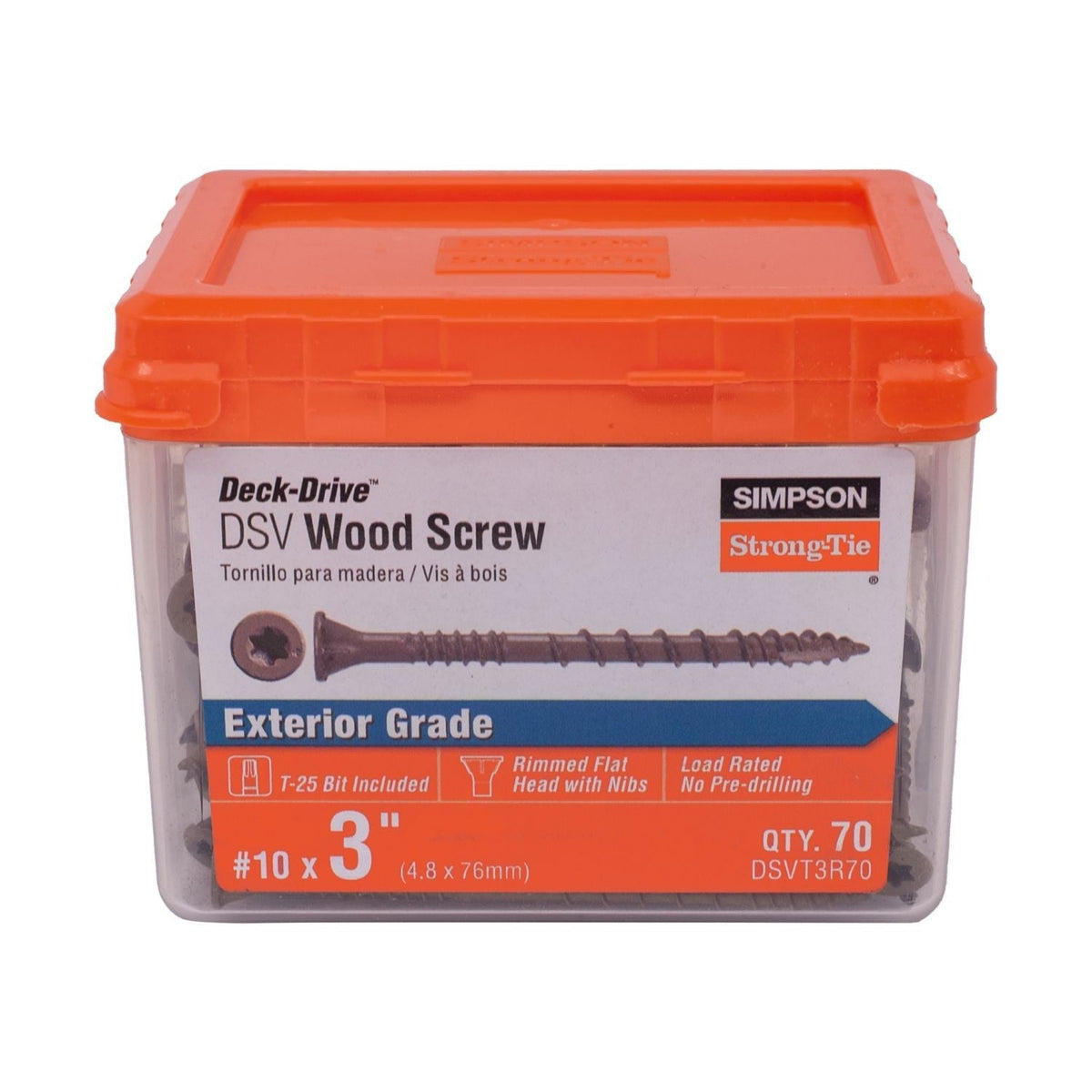Simpson Strong-Tie DSVT3R70 Deck-Drive DSV WOOD Screw, #10 x 3-in. T25, Flat Head, Quik Guard, Tan, 70-Pack