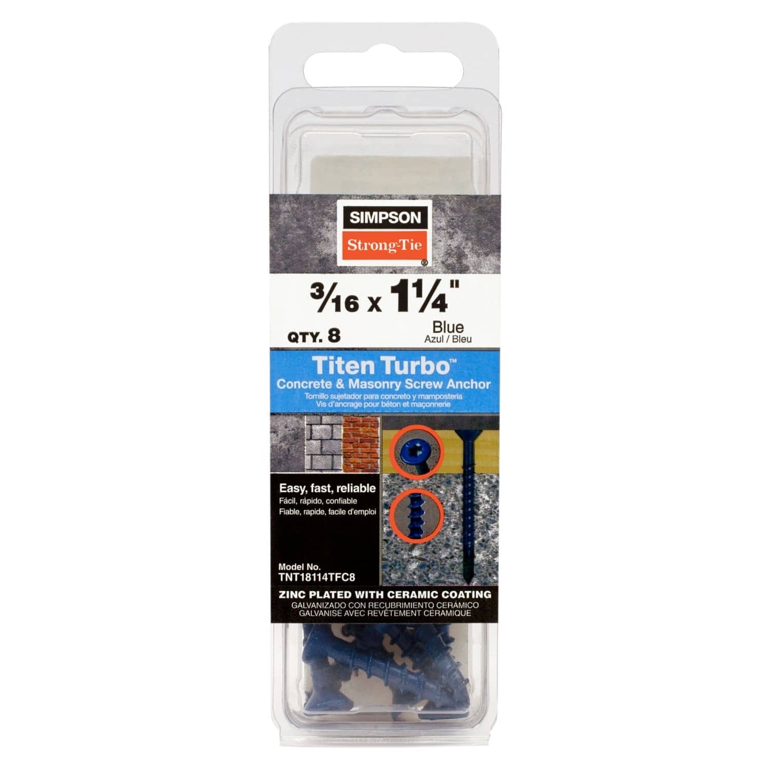 Simpson Strong-Tie TNT18114TFC8 Titen Turbo, 3/16-in. x 1-1/4-in. 6-Lobe Flat-Head Concrete and Masonry Screw, Blue, 8-Pack