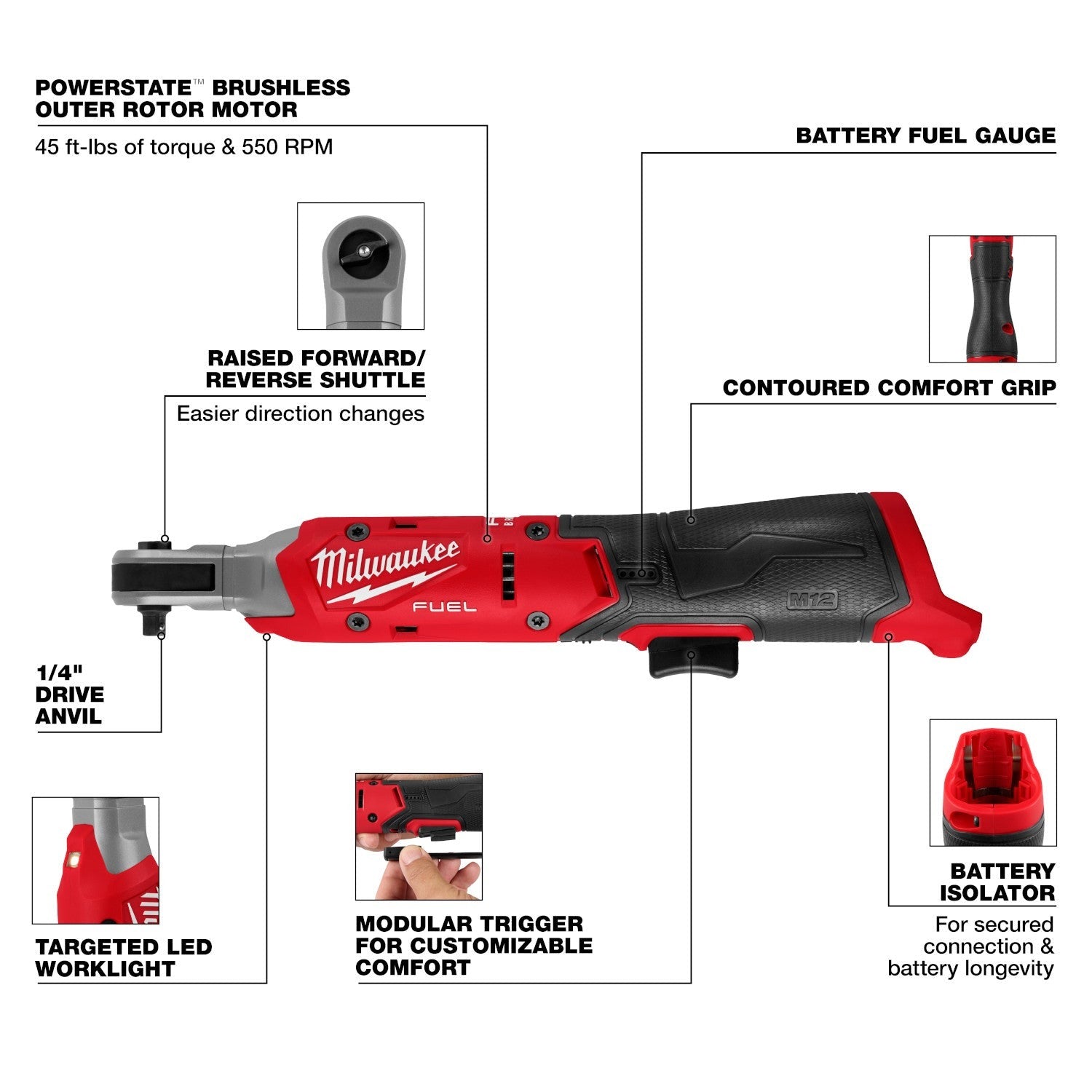 Milwaukee 3052-20 M12 FUEL Brushless 1/4-in. Ratchet, Tool Only