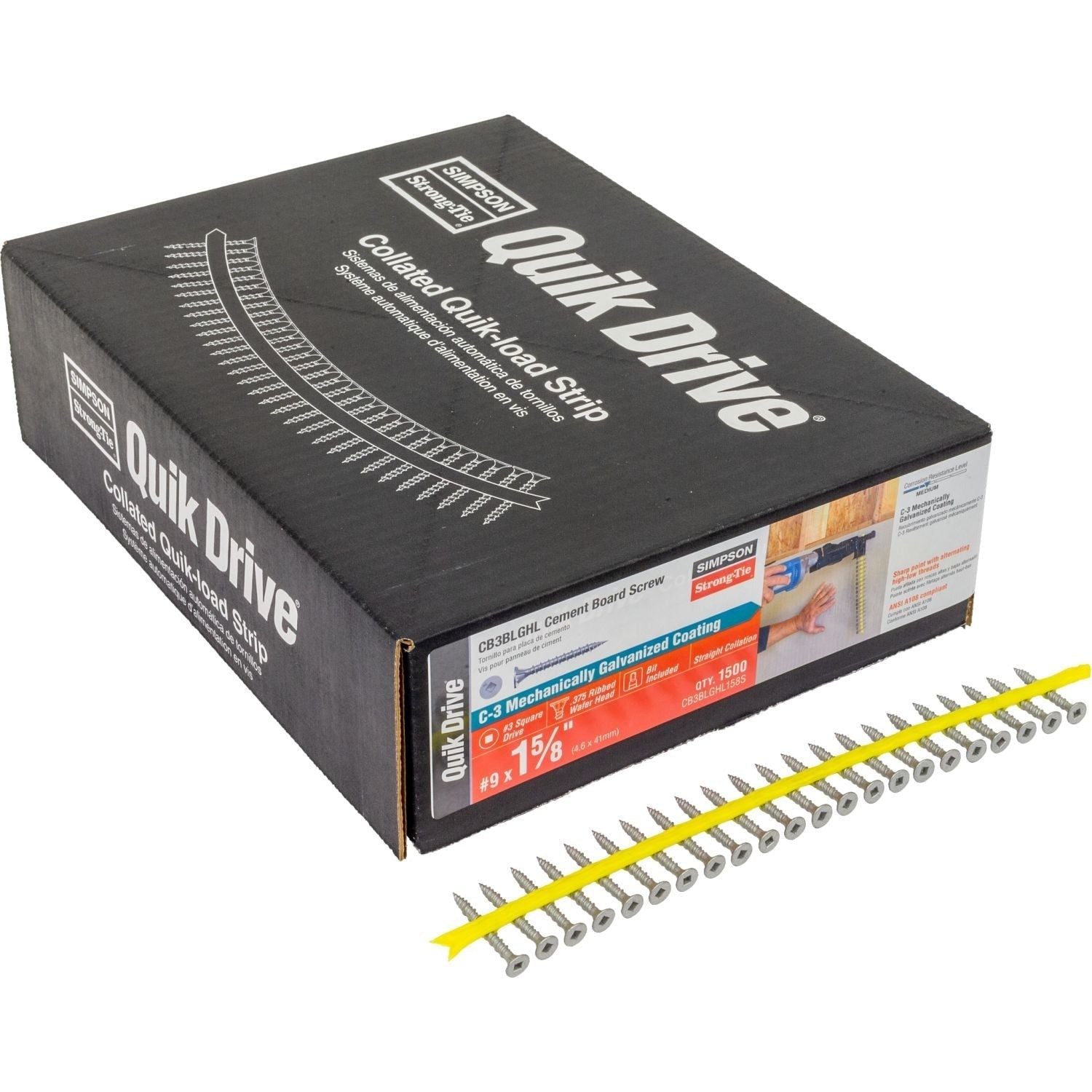 Simpson Strong-Tie CB3BLGHL158S CB3BLGHL Fiber-Cement Board Screw (Collated)— #9 x 1-5/8-in. #3 SQU, 1500-Pack