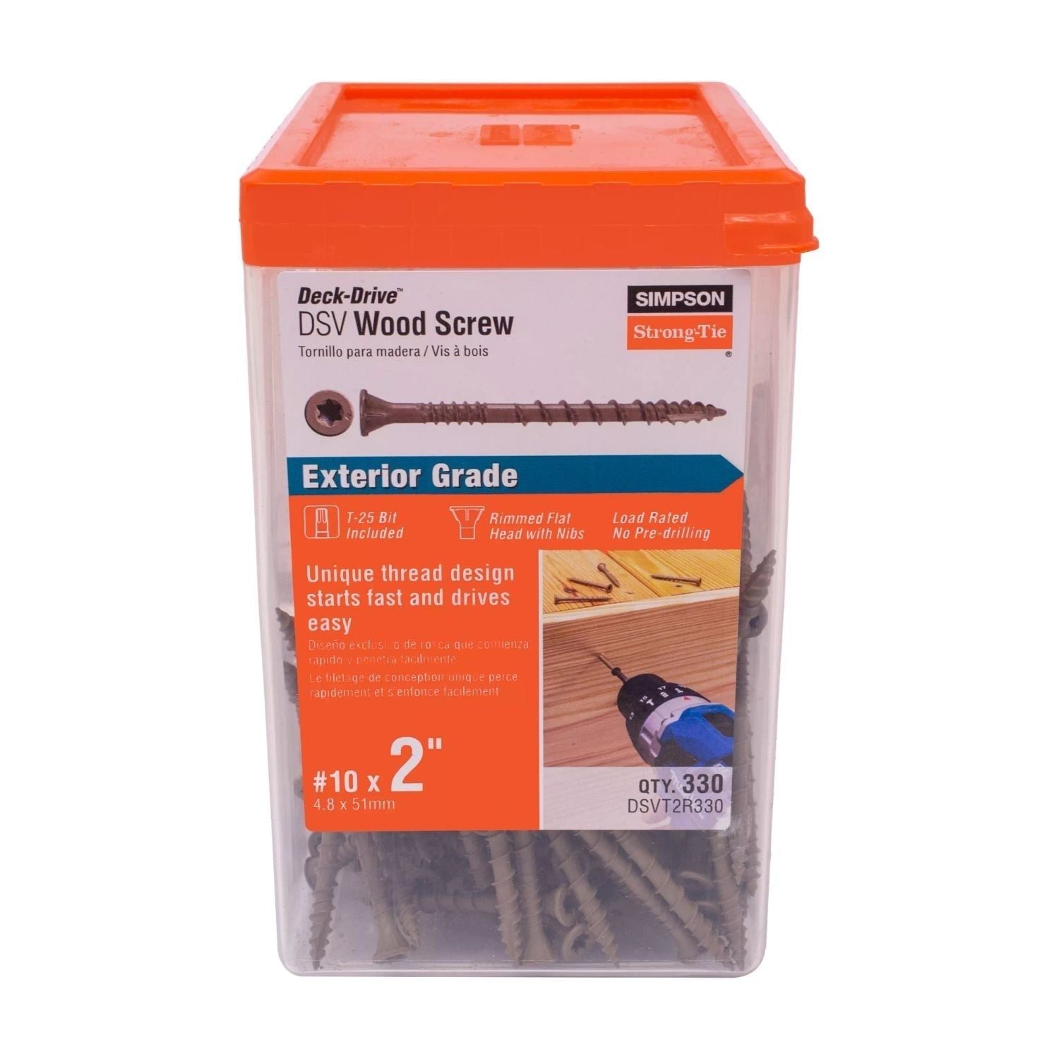 Simpson Strong-Tie DSVT2R330 Deck-Drive DSV WOOD Screw, #10 x 2-in. T25, Flat Head, Quik Guard, Tan, 330-Pack