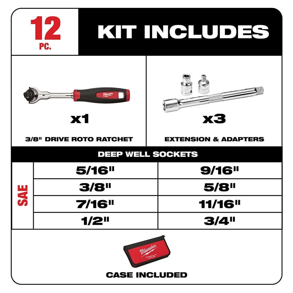 Milwaukee 48-22-9000 12-Piece 3/8" Drive Sae Socket Set