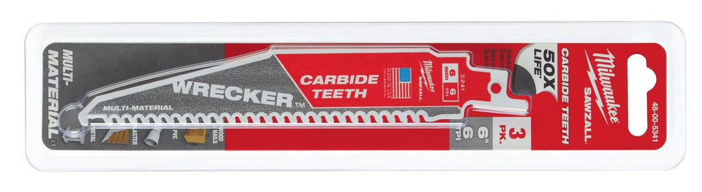 Milwaukee 48-00-5341 6-Inch 6-TPI THE WRECKER with Carbide Teeth SAWZALL Reciprocating Saw Blade, 3-Pack
