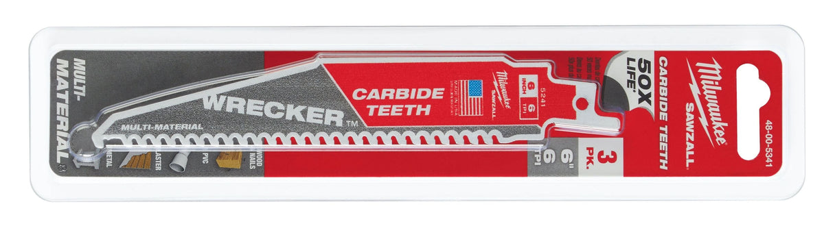 Milwaukee 48-00-5341 6-Inch 6-TPI THE WRECKER with Carbide Teeth SAWZALL Reciprocating Saw Blade, 3-Pack
