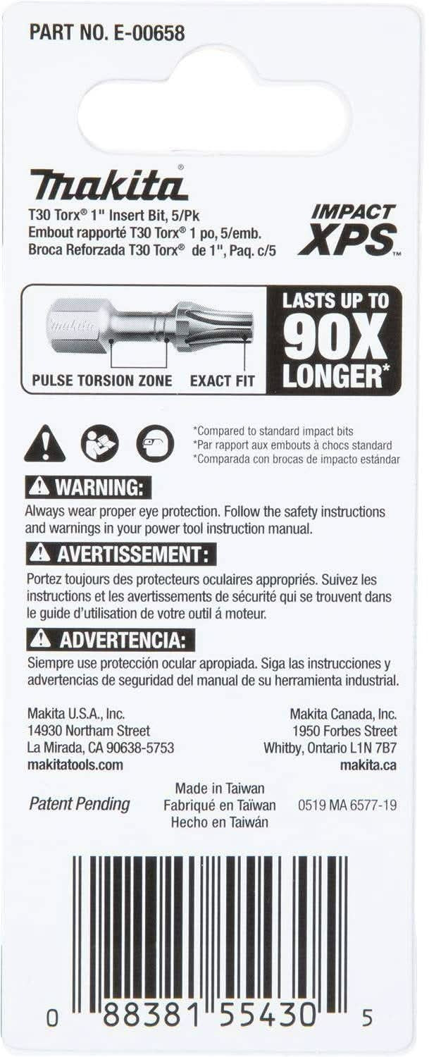 Makita E-00658 Impact XPS T30 Torx 1" Insert Bit, 5/pk