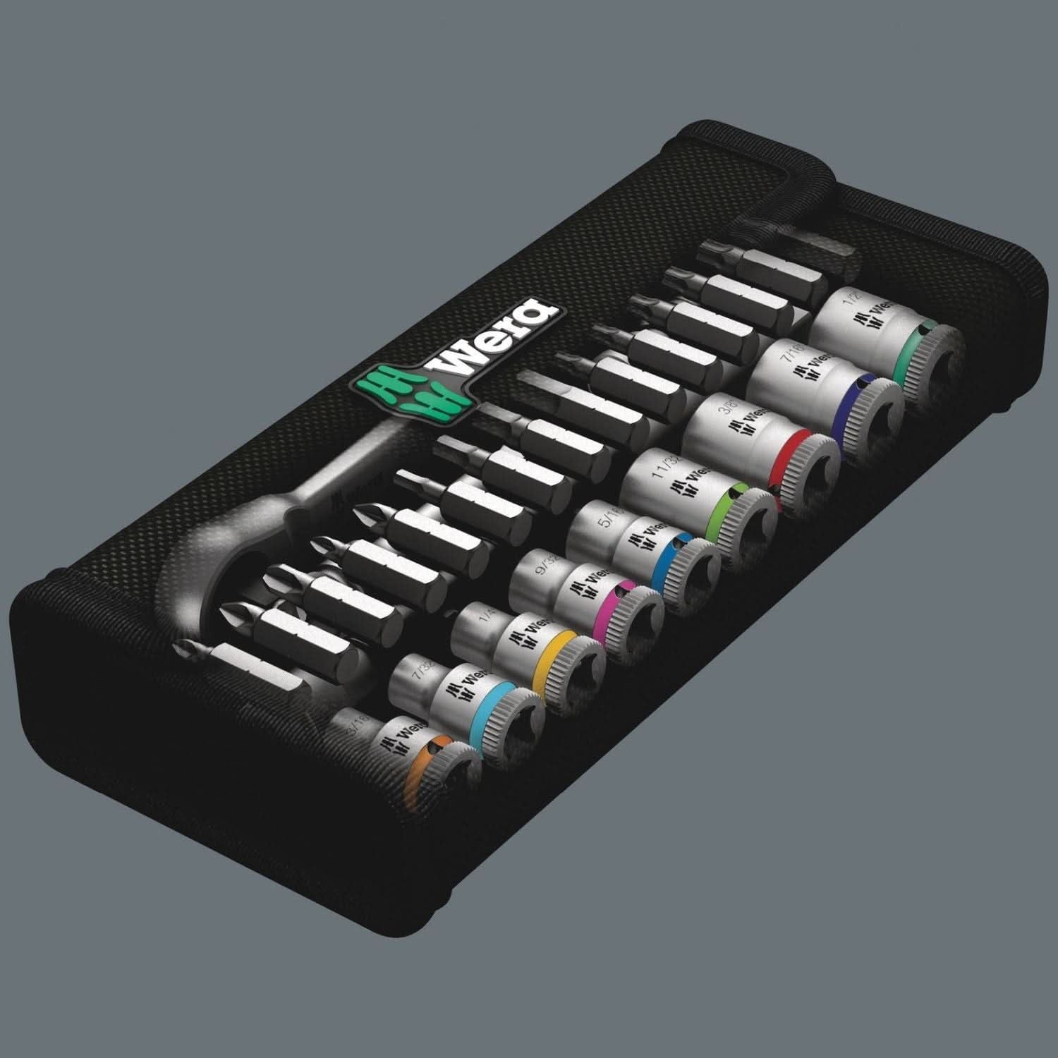 Wera 8100 Sa 10 Zyklop Metal Ratchet Set With Push-Through Square, 1/4-in. Drive, Imperial, 28-Pieces