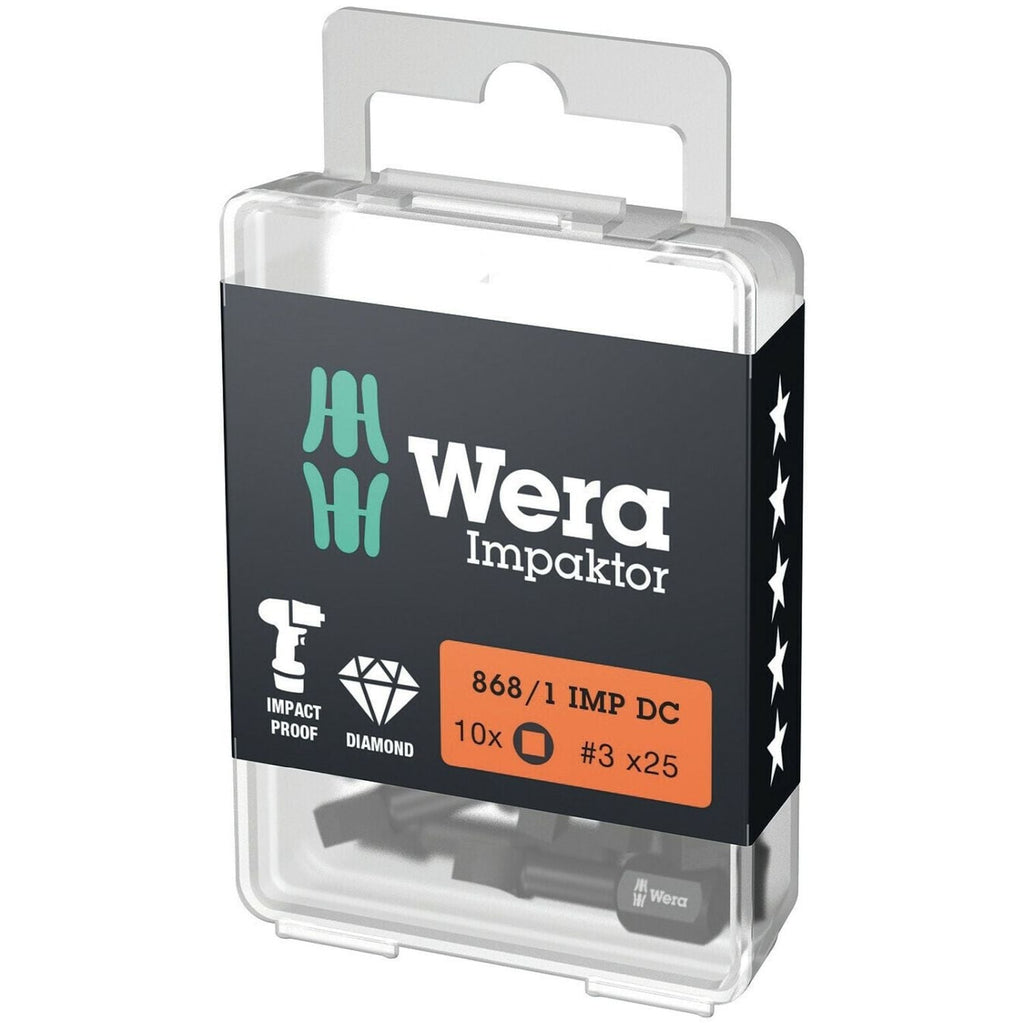 Wera 868/1 Imp Dc Diy Impaktor Square Head Socket Bit, # 3x25-mm., 10-Pieces