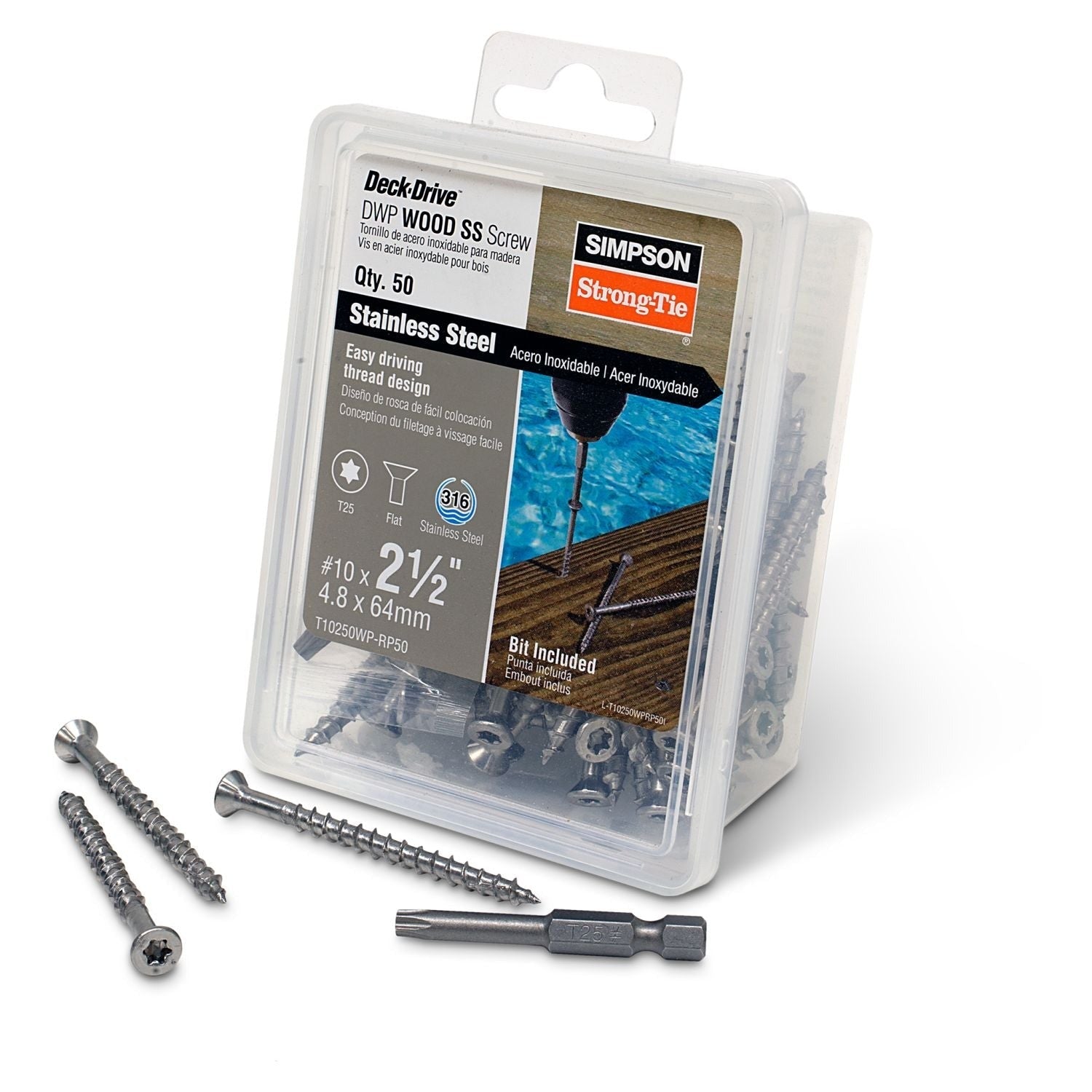 Simpson Strong-Tie T10250WP-RP50 Deck-Drive DWP WOOD SS Screw, #10 x 2-1/2-in. T25, Flat Head, Type 316, 50-Pack