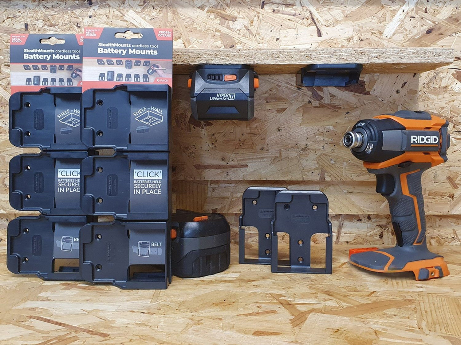 StealthMounts Battery Mounts for AEG & Ridgid Black, 6-Pack