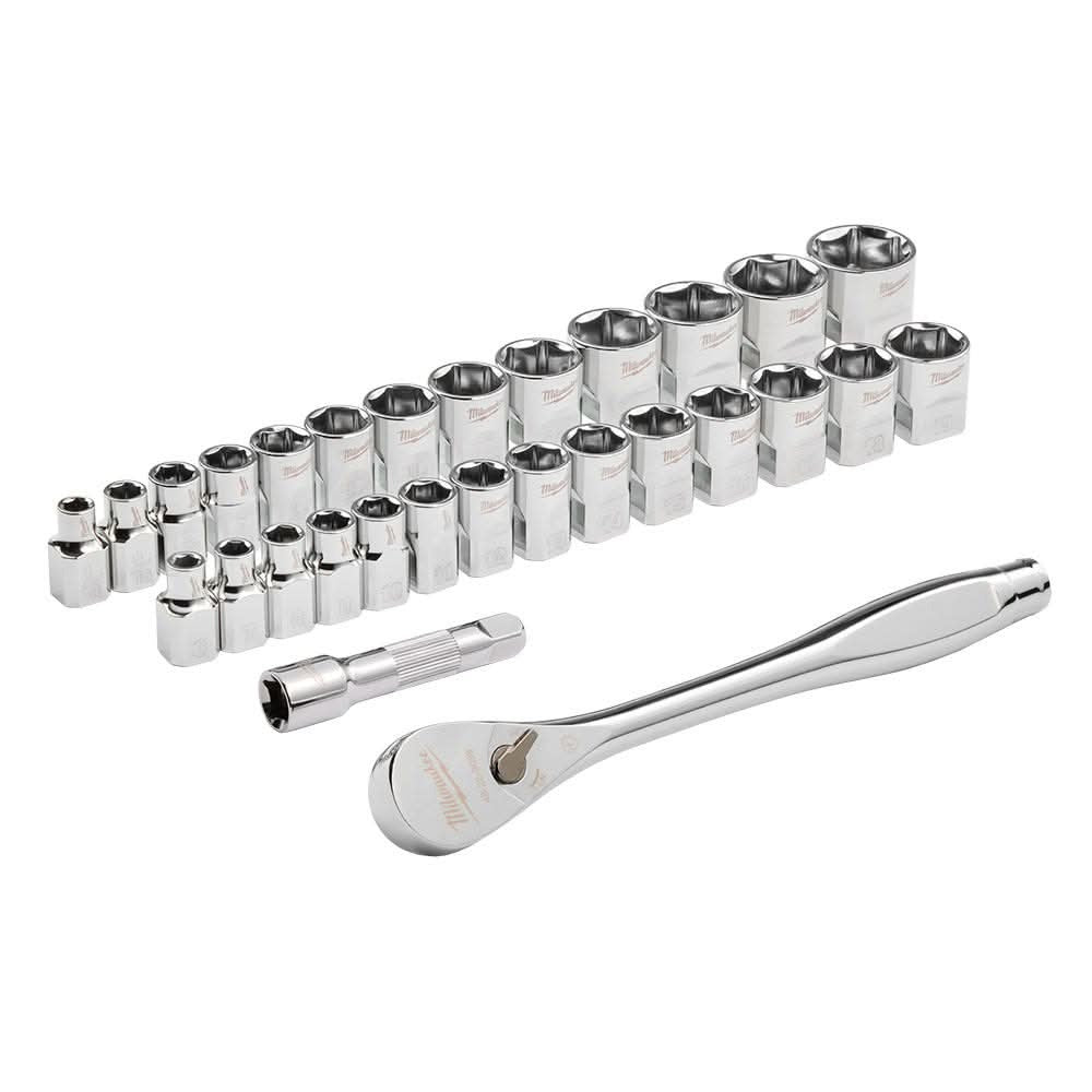 Milwaukee 48-22-9088 29pc 3/8" Drive Metric & SAE Ratchet and Socket Set with Four Flat Sides