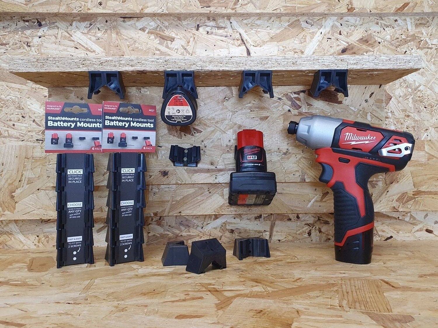 StealthMounts Battery Mounts for Milwaukee M12 Black, 6-Pack