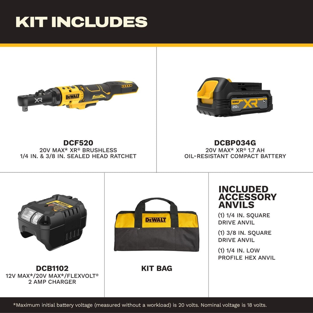DeWALT DCF520GE1 20V MAX XR Brushless 1/4-in. & 3/8-in. Sealed Head Ratchet 1.7Ah Kit