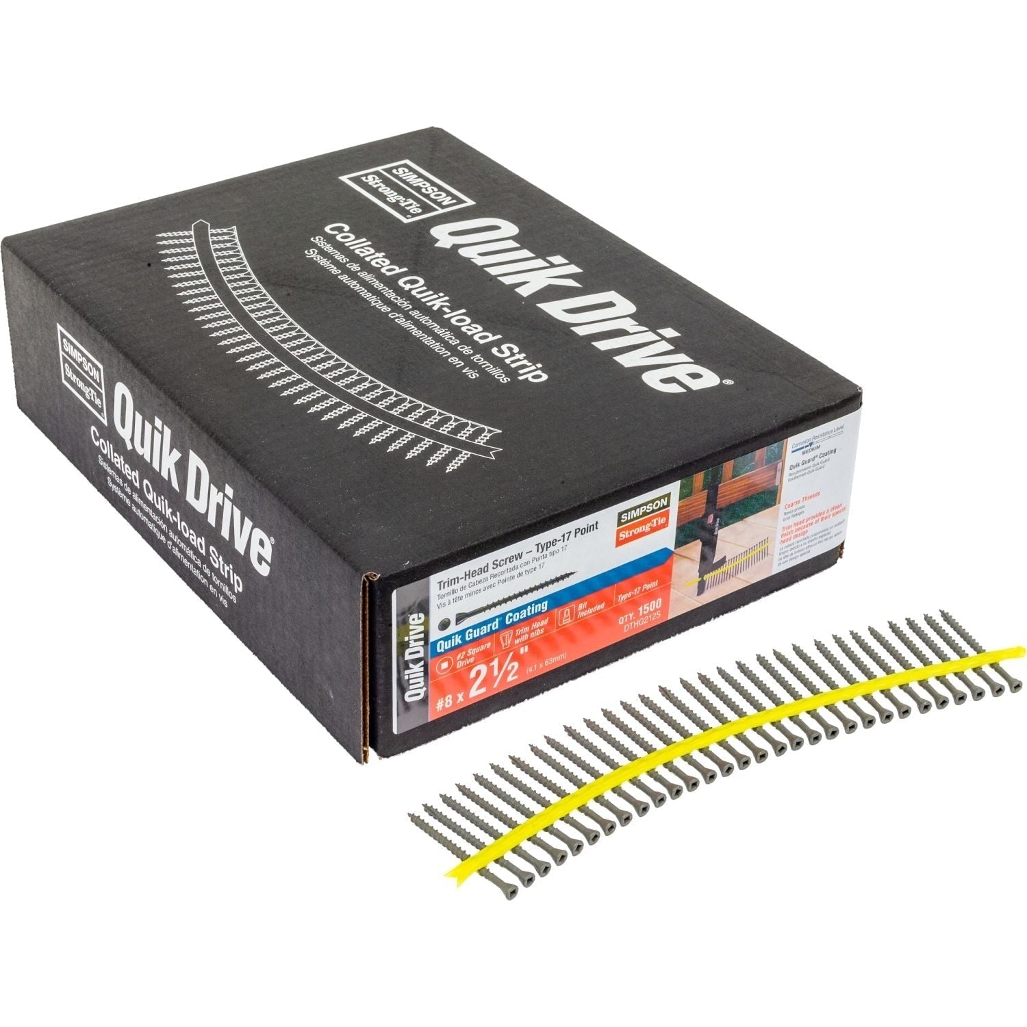 Simpson Strong-Tie DTHQ212S Trim-Head Screw, Type-17 Point, #8 x 2-1/2-in. #2U Square Drive, Quik Guard, 1500-Pack