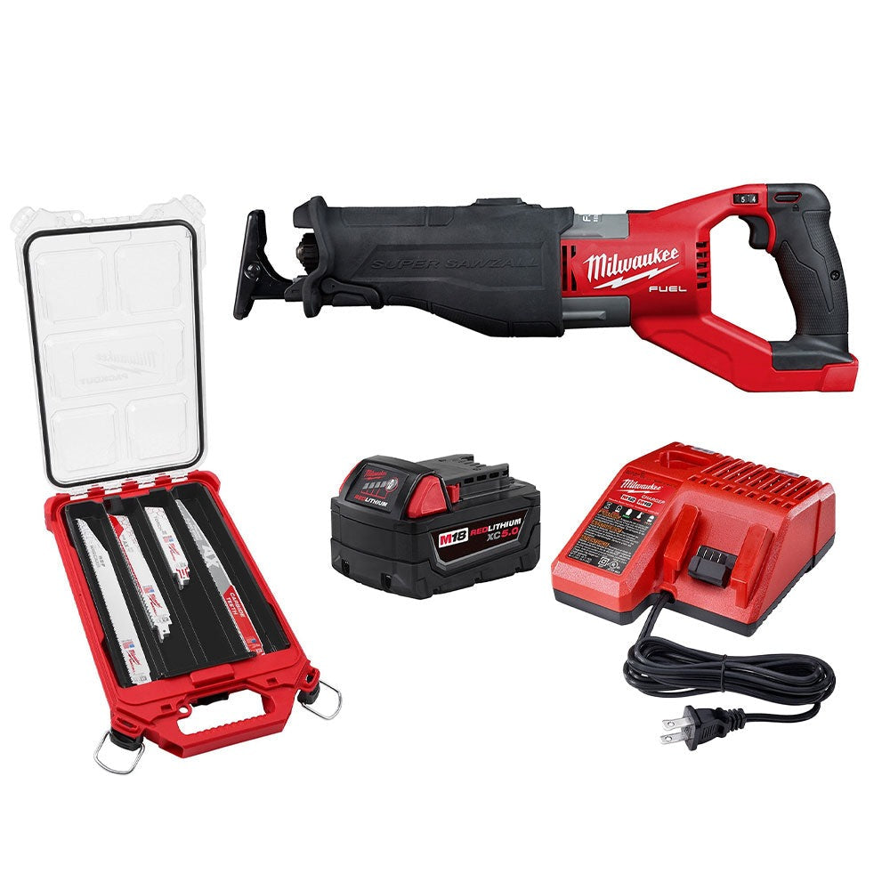 Milwaukee 2722-20 M18 Fuel Super Sawzall Reciprocating Saw 5.0Ah Kit w/ 15-Pc SAWZALL Blade PACKOUT Kit