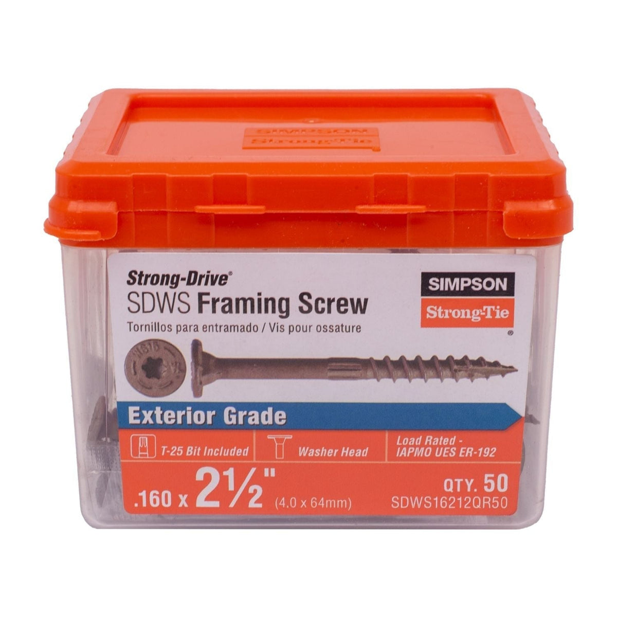 Simpson Strong-Tie SDWS16212QR50 Strong-Drive SDWS FRAMING Screw, 0.160-in. x 2-1/2-in. T25, Quik Guard, Tan, 50-Pack