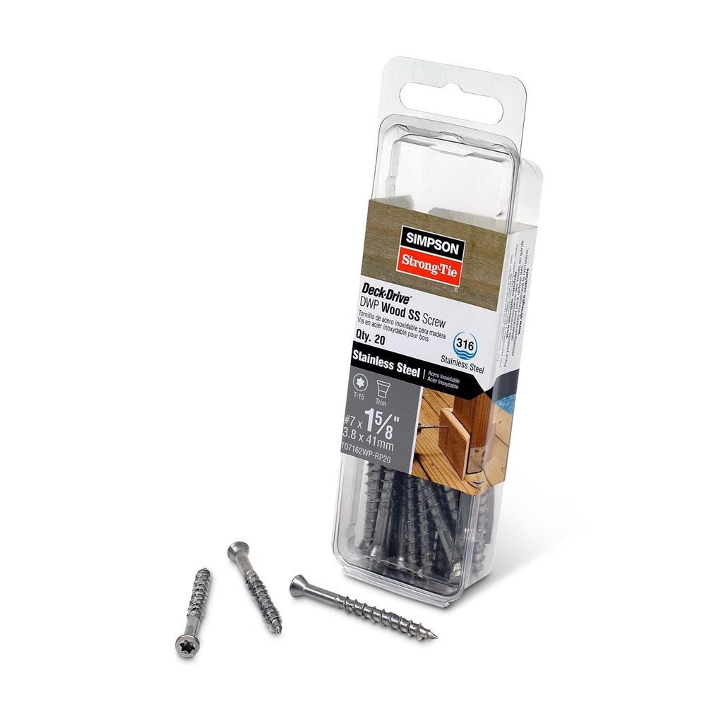 Simpson Strong-Tie T07162WP-RP20 Deck-Drive DWP WOOD SS Screw, #7 x 1-5/8-in. T-15, Trim Head, Type 316, 20-Pack